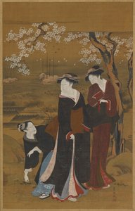 Three Women Under a Flowering Cherry Tree at the Seashore by Utagawa Toyokuni I