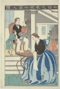 Western Woman Behind a Sewing Machine by Utagawa Yoshikazu