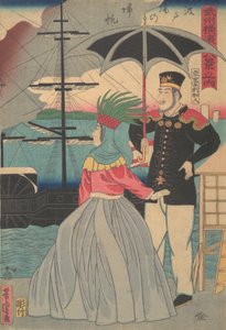 Returning Sails at the Wharves [American couple], 1st month, 1861 by Utagawa Yoshitora