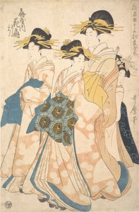 The Oiran Hanaogi of Ogiya Attended by Two Shinzo and Her Kamuro Yoshino by Utamaro II