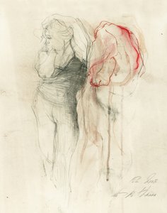 Pensive Woman Red Sketch