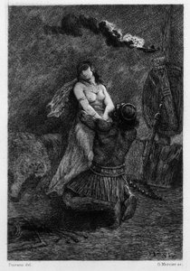 He was on his knees, on the floor, in front of her. Illustration by V.A. Poirson (1890) for the novel Salammbo by Gustave Flaubert, taking as a framework the mercenary war at the time of the first Punic War (246-241 BC) between the Romans and Carthaginians
