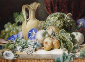 A Still Life with a Jug, Apples, Plums, Grapes and Flowers