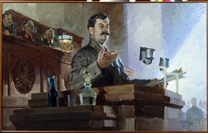 Joseph Stalin (Joseph Vissarionovich Djougachvili) (1879-1953) Redefines the Soviet Constitution (Stalin Constitution) at the 8th Extraordinary Congress of Soviets on December 5, 1936. Viatcheslav Molotov (1890-1986) is Seen on the Right by Vasily Semyonovich Svarog
