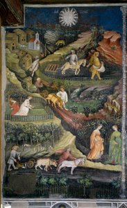 April: plowing and sowing of fields. Agriculture scene with plow, harrow and agricultural tools in the countryside by Venceslao Maestro