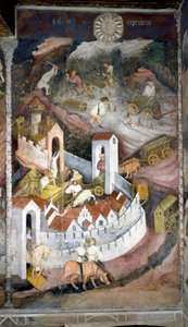 December: the loggers gather the wood and bring it back to the town of Trento where the wall and castle of Buonconsiglio are represented