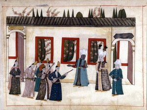 The Sultan visits the favorite with the mother and chief of the Eunuchs. Miniature from Turkish Memorials (codex Cicogna 1971 Memorie Turchesche) Watercolour from the 17th century Venetian school