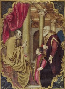 Venetian Senator or Doge presenting his son to his patron saint by Venetian School