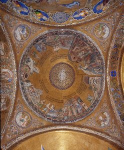 View of the dome with mosaics on a golden background illustrating the life of Moses. In the pendants, the four prophets Solomon, David, Zechariah, Malachi. The beginning of the 13th century. Basilica San Marco by Veneto Byzantine School