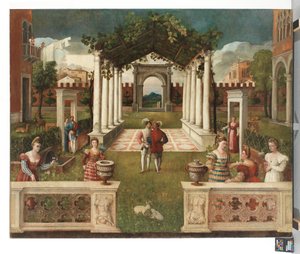 A Classical Architectural Garden with Elegant Figures, a Mountainous Landscape Beyond by Veronese School