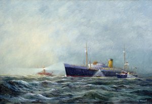 A pathfinder (two-seater motorboat), leaving an airliner in front of the lighthouse boat off Harwich (England) by Vic Trevett
