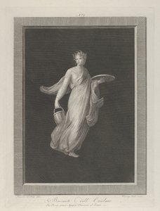 A partly naked bacchante holding a disk in her raised left hand and a bucket