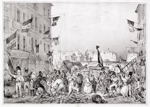 Barricade at the Rue Dauphine, 29th July 1830, engraved by H. Delaporte by Victor Adam