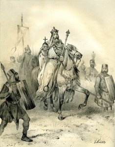 Emperor Charlemagne, Bearing the Emblems of Power, Rides at the Head of His Troops Soldiers in Armor. Engraving by Victor Adam in the Book 