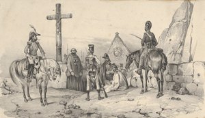 Soldiers gathered in front of a church with priests and a crucifix, mid-19th century by Victor Adam