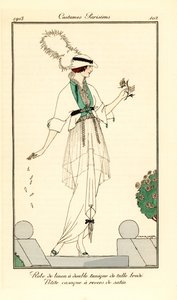Woman in linen dress with double tunic in embroidered tulle, little casaque jacket lined with satin by Victor Lhuer