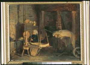 An Elderly Woman Winding Hemp near a Press