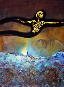 Glowing Skeleton Over Waves by Victor Tkachenko