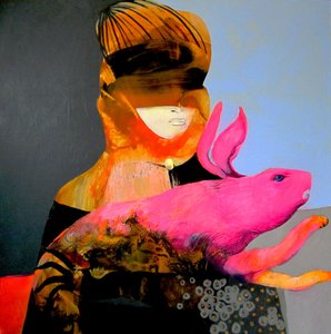 Mysterious Woman Pink Rabbit by Victor Tkachenko