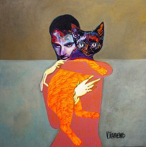 Vibrant Man Cat Embrace by Victor Tkachenko