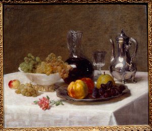 Table Corner Still Life of Fruit (Grapes, Quince, and Pear), Silverware, and Wine Jug