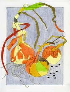 Sprouting Onions Still Life by Viktoriia Saunina