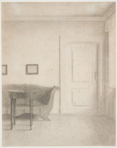 Interior with Sofa and Small Table, Right a Door by Vilhelm Hammershøi
