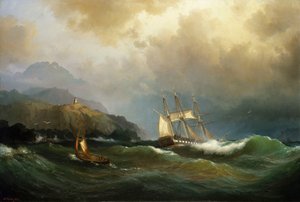A Frigate Clawing Off a Rocky Coast