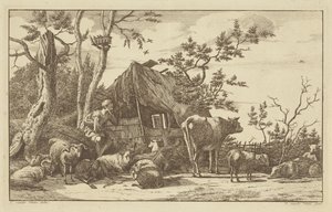 Seated Shepherd with Livestock in Front of a Dilapidated Barn by Vincent Jansz. van der Vinne