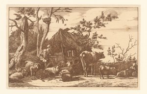 Seated Shepherd with Cattle in Front of a Dilapidated Barn by Vincent Jansz. van der Vinne