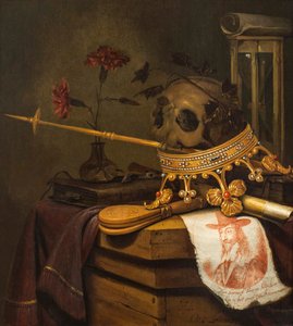 A Vanitas Still Life with a Skull, Crown, Sceptre, Flute, Bellows, Hourglass, Carnations in a Glass Vase, Scroll, Book and an Engraved Portrait of Charles I by Vincent Laurensz van der Vinne