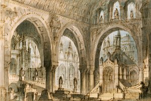 Set design for fourth scene of Capuleti and Montecchi, opera by Vincenzo Bellini, performed at La Fenice Theatre in Venice by Vincenzo Bellini
