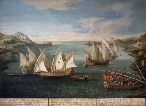 Naval battle between Venetian ships of Marco Ivanovich Dobrota and Turkish ships off Patras on April 17