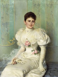 Portrait of a Lady, seated three quarter length, wearing a White Dress by Vittorio Matteo Corcos