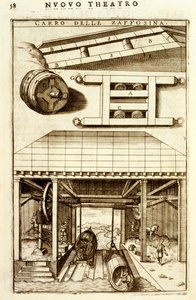 Horse-driven hydraulic pulley mechanism for moving goods between land and water, 1607