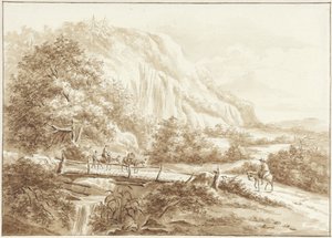 Mountain Landscape with Travelers on Donkeys Crossing a Wooden Bridge