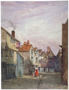 View of a woman and a child walking down Crown Court, Bermondsey, London, c1825