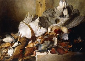 A Still Life of Dead Birds; A Heron Hanging from a Wall, Duck, Pheasant, Partridge, Woodcock, a Swan and a Pigeon with a Hare