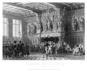 Palace of Justice, with fine carved chimney, Bruges, 1840