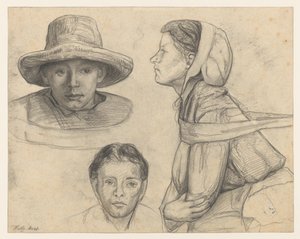 Study Sheet with Two Heads Facing Forward and a Female Figure Half-Length in Profile to the Left by Wally Moes