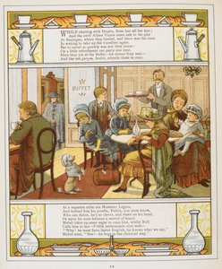 A family having refreshments in a buffet. Colour Illustration from 