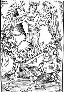 Allegory of Walter Crane: Socialism Triumphs Over the Struggle Between Liberalism and Toryism (English Conservative Party). Engraving from the End of the 19th Century by Walter Crane