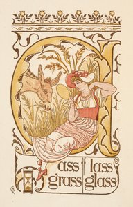 Rhyming words ending in the letter S. A woman holding a face mirror. The Golden primer by Walter Crane