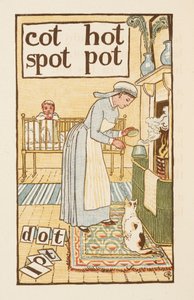 Rhyming Words Ending in the Letter T. An Illustration, Showing a Nurse Boiling a Pot for a Sick Child. The Golden Primer by Walter Crane