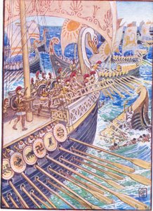Ship dashed against ship, till the Persian dead strewed the deep like flowers, illustration from The Story of Greece by Walter Crane