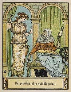Sleeping Beauty stands next to an old woman with a spinning wheel and thread. A black cat sits underneath