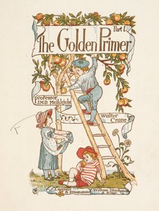 Title Page for the Golden Primer. A Child is on a Ladder, Picking Apples from a Tree