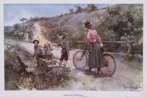 Consulting Authorities: woman out for a cycle ride asking a group of children for directions by Walter Granville Smith