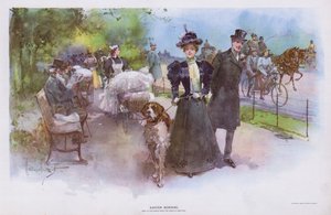 Easter Morning: woman promenading with her pet dog