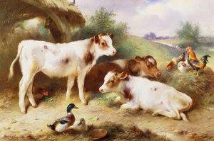 Calves and Poultry by a Byre
